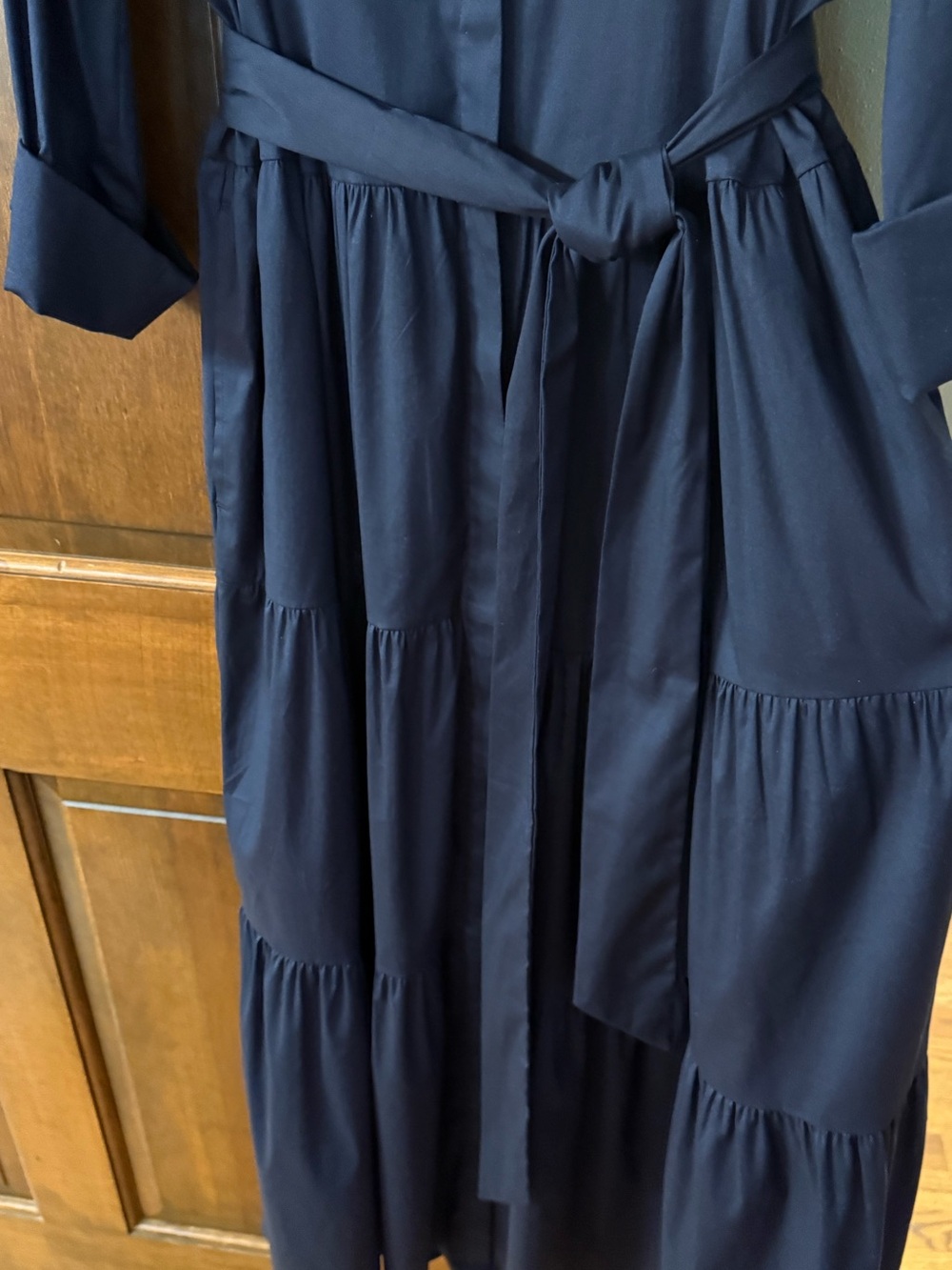 Waist-Tie Long Shirt Dress in Navy - Picture 3 of 5